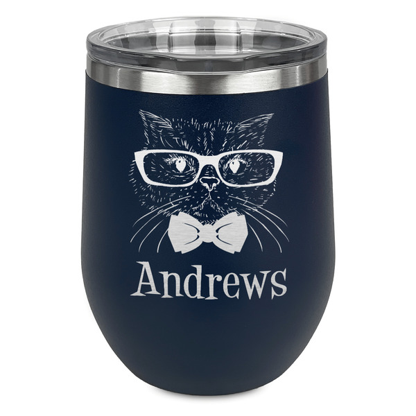 Custom Hipster Cats Stemless Stainless Steel Wine Tumbler - Navy - Double Sided (Personalized)