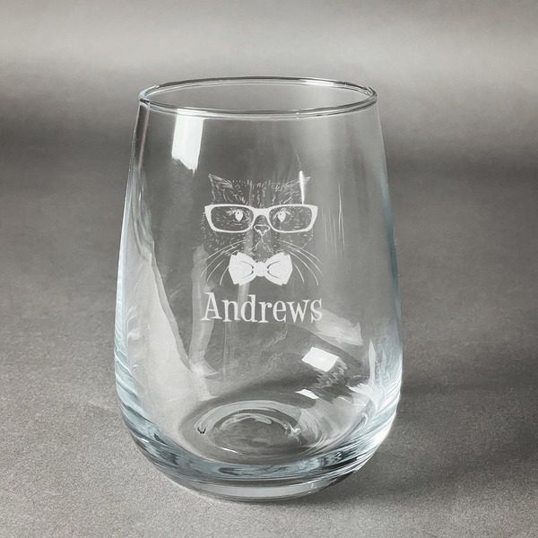 Custom Hipster Cats Stemless Wine Glass - Engraved (Personalized)