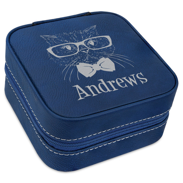 Custom Hipster Cats Travel Jewelry Box - Navy Blue Leather (Personalized)
