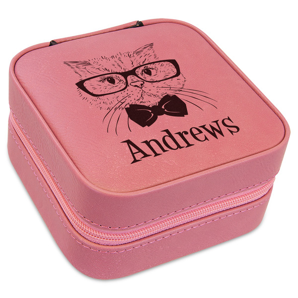 Custom Hipster Cats Travel Jewelry Boxes - Pink Leather (Personalized)
