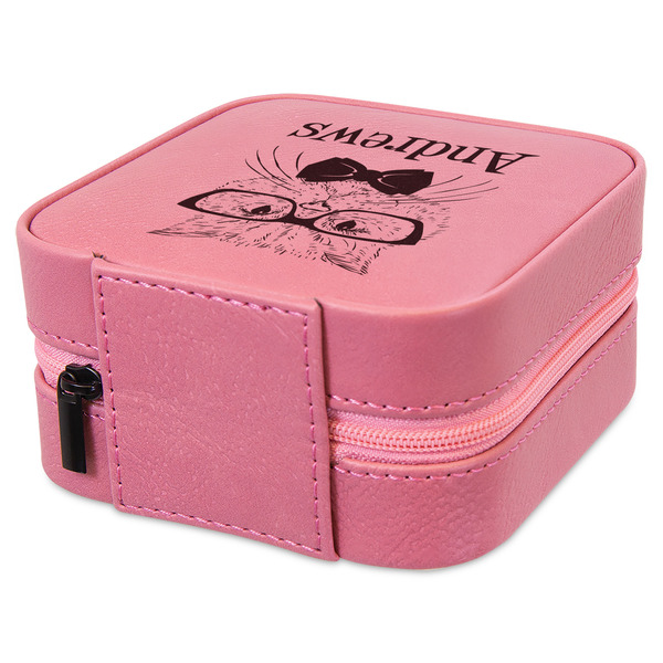 Hipster Cats Travel Jewelry Boxes - Leather - Pink - View from Rear