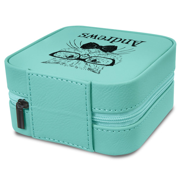 Hipster Cats Travel Jewelry Boxes - Leather - Teal - View from Rear