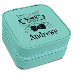 Hipster Cats Travel Jewelry Box - Teal Leather (Personalized)
