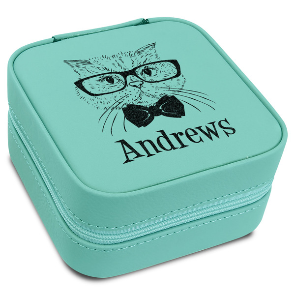 Custom Hipster Cats Travel Jewelry Box - Teal Leather (Personalized)