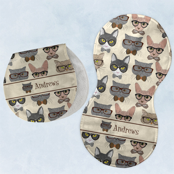 Custom Hipster Cats Burp Pads - Velour - Set of 2 w/ Name or Text