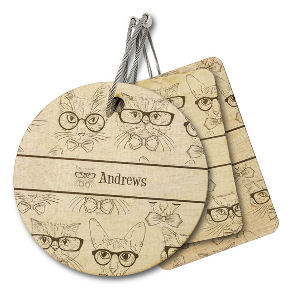 Custom Hipster Cats Wood Luggage Tag (Personalized)