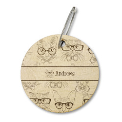 Hipster Cats Wood Luggage Tag - Round (Personalized)