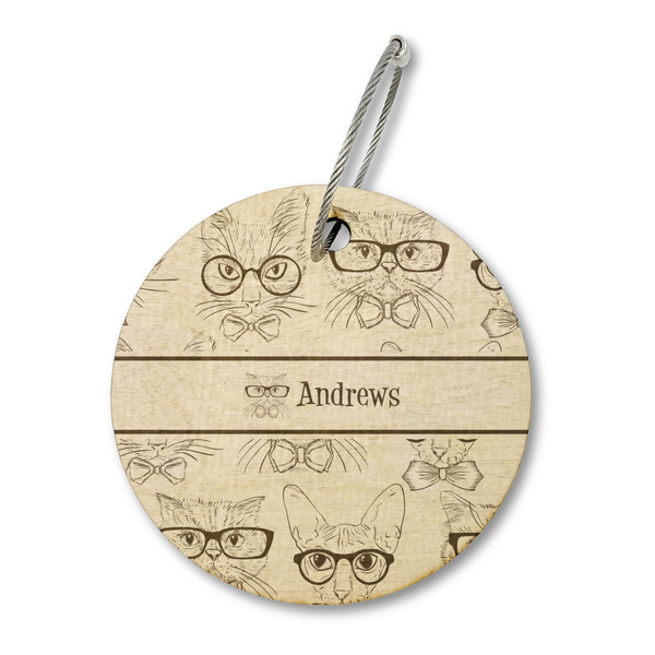 Custom Hipster Cats Wood Luggage Tag - Round (Personalized)
