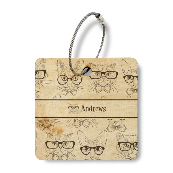 Custom Hipster Cats Wood Luggage Tag - Square (Personalized)
