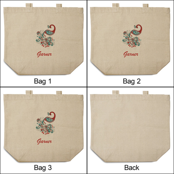 Peacock 3 Reusable Cotton Grocery Bags - Front & Back View