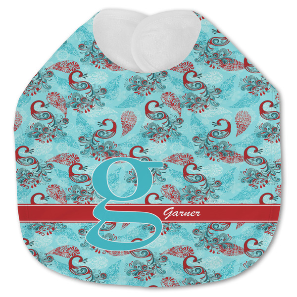 Custom Peacock Jersey Knit Baby Bib w/ Name and Initial