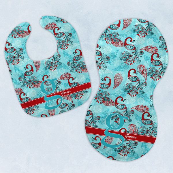 Custom Peacock Baby Bib & Burp Set w/ Name and Initial