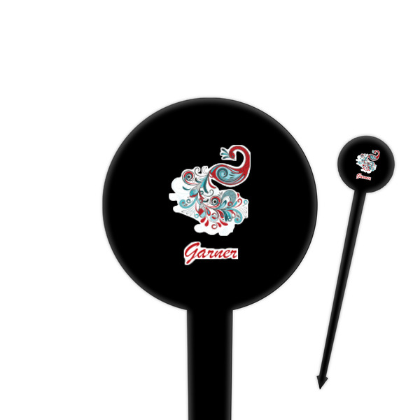 Custom Peacock 4" Round Plastic Food Picks - Black - Double Sided (Personalized)