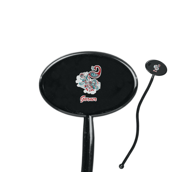 Custom Peacock 7" Oval Plastic Stir Sticks - Black - Single Sided (Personalized)