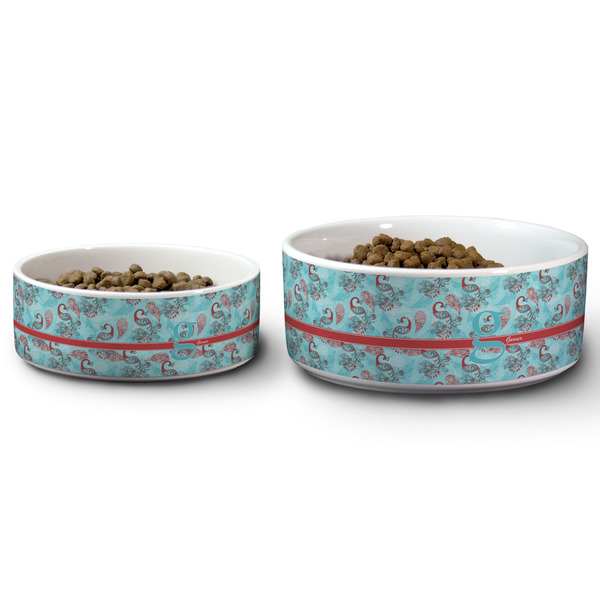 Peacock Ceramic Dog Bowls - Size Comparison