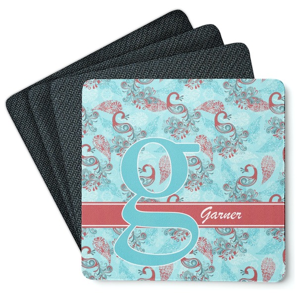 Custom Peacock Square Rubber Backed Coasters - Set of 4 (Personalized)