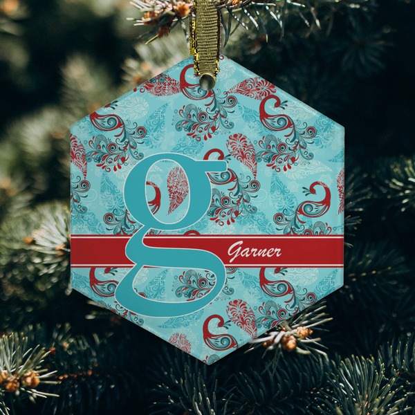 Peacock Frosted Glass Ornament - Hexagon (Lifestyle)
