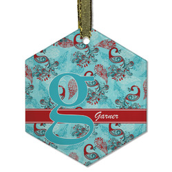Peacock Flat Glass Ornament - Hexagon w/ Name and Initial
