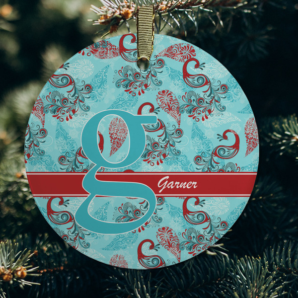 Peacock Frosted Glass Ornament - Round (Lifestyle)