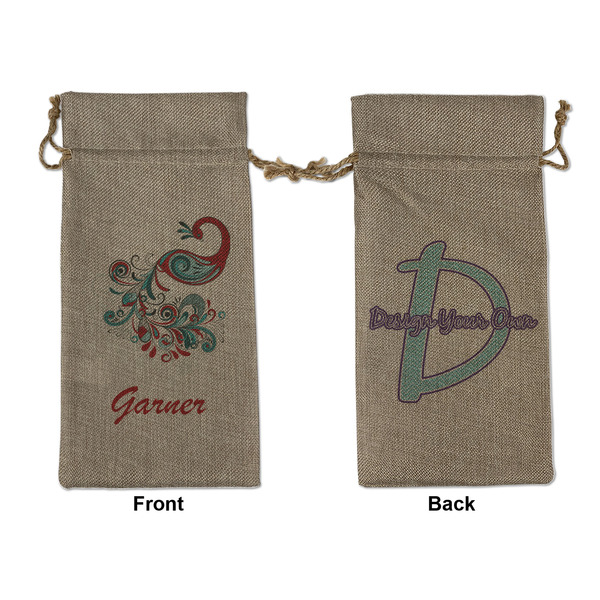 Custom Peacock Large Burlap Gift Bag - Front & Back (Personalized)