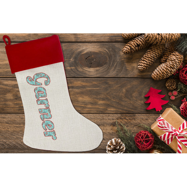 Peacock Linen Stocking w/Red Cuff - Flat Lay (LIFESTYLE)