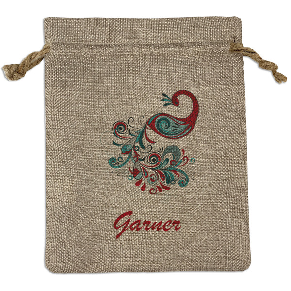 Custom Peacock Medium Burlap Gift Bag - Front (Personalized)