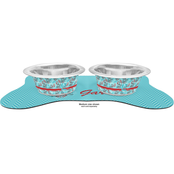 Peacock Metal Pet Bowls - On Dog Bone Shaped Mat