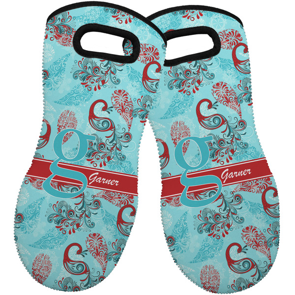 Custom Peacock Neoprene Oven Mitts - Set of 2 w/ Name and Initial