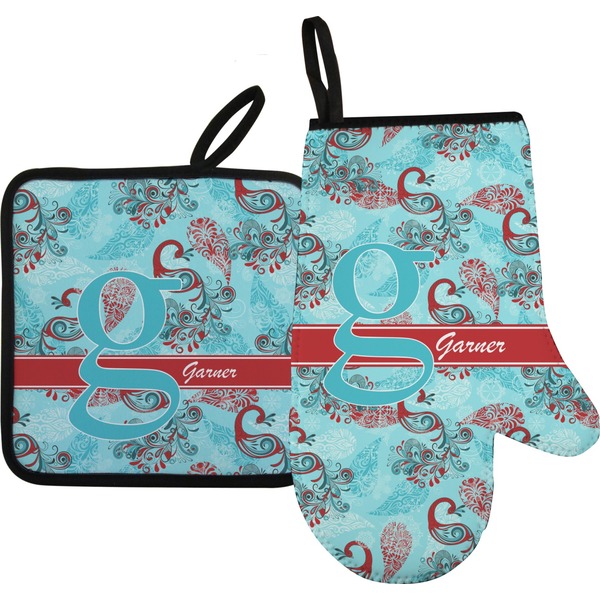 Custom Peacock Oven Mitt & Pot Holder Set w/ Name and Initial