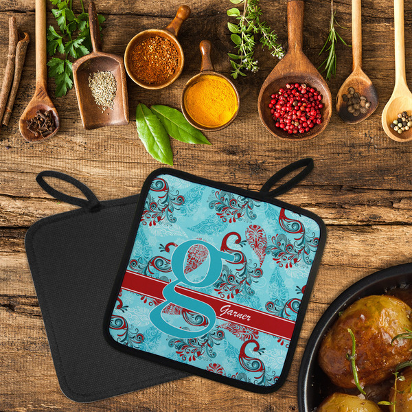 Peacock Neoprene Pot Holder - Set of 2  LIFESTYLE (Flatlay)