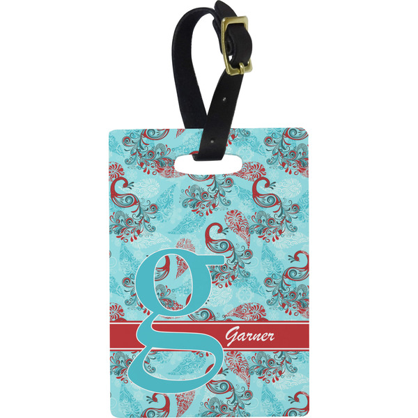 Custom Peacock Plastic Luggage Tag - Rectangular w/ Name and Initial