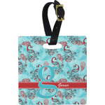 Peacock Plastic Luggage Tag - Square w/ Name and Initial