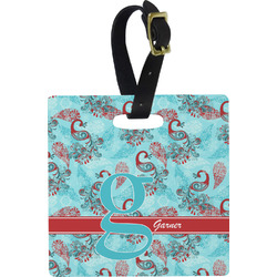 Peacock Plastic Luggage Tag - Square w/ Name and Initial