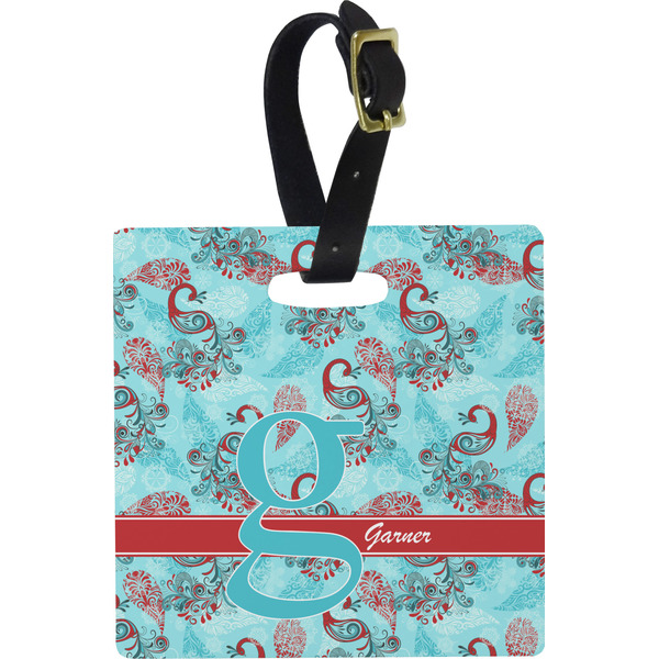 Custom Peacock Plastic Luggage Tag - Square w/ Name and Initial