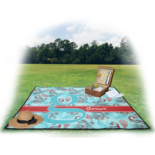 Peacock Picnic Blanket - with Basket Hat and Book - in Use