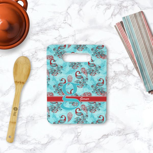 Peacock Rectangle Trivet with Handle - LIFESTYLE