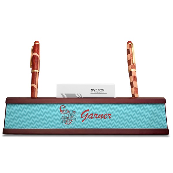 Peacock Red Mahogany Nameplates with Business Card Holder - Straight