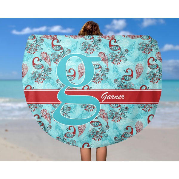 Peacock Round Beach Towel - In Use