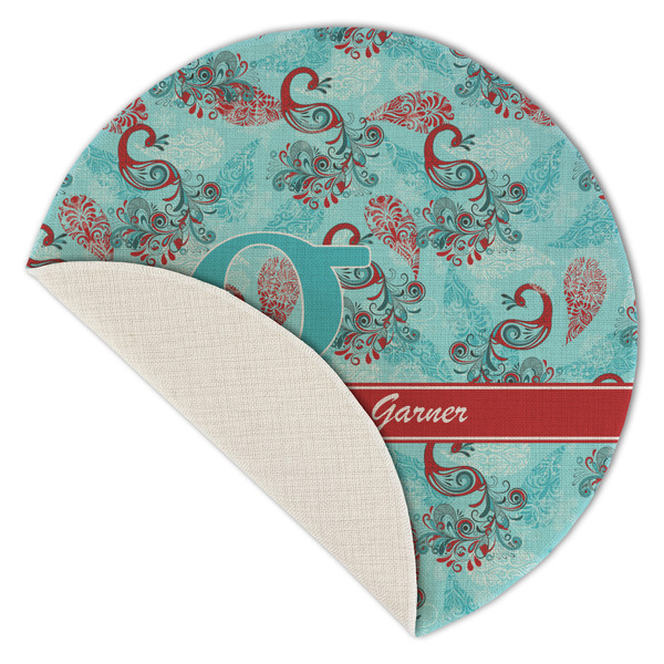 Peacock Round Linen Placemats - Front (folded corner single sided)