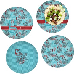 Peacock Set of 4 Glass Lunch / Dinner Plate 10" (Personalized)