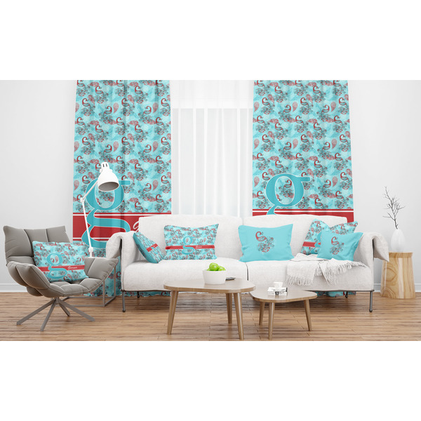 Peacock Sheer and Custom Curtains in Room with Matching Pillows