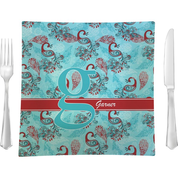 Custom Peacock 9.5" Glass Square Lunch / Dinner Plate- Single or Set of 4 (Personalized)