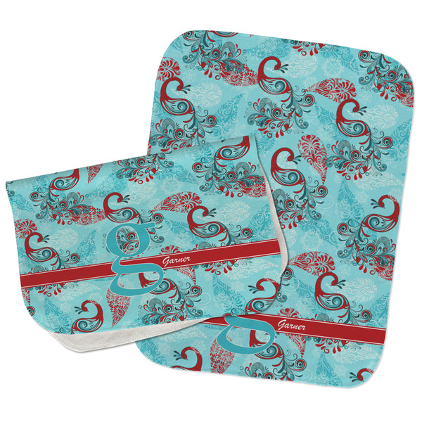 Custom Peacock Burp Cloths - Fleece - Set of 2 w/ Name and Initial