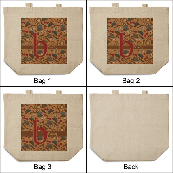 Vintage Hipster 3 Reusable Cotton Grocery Bags - Front & Back View