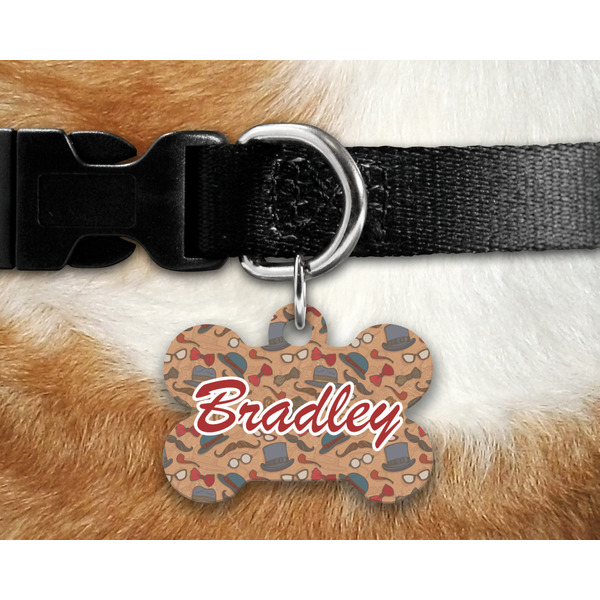 Vintage Hipster Bone Shaped Dog Tag on Collar & Dog