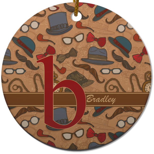 Custom Vintage Hipster Round Ceramic Ornament w/ Name and Initial