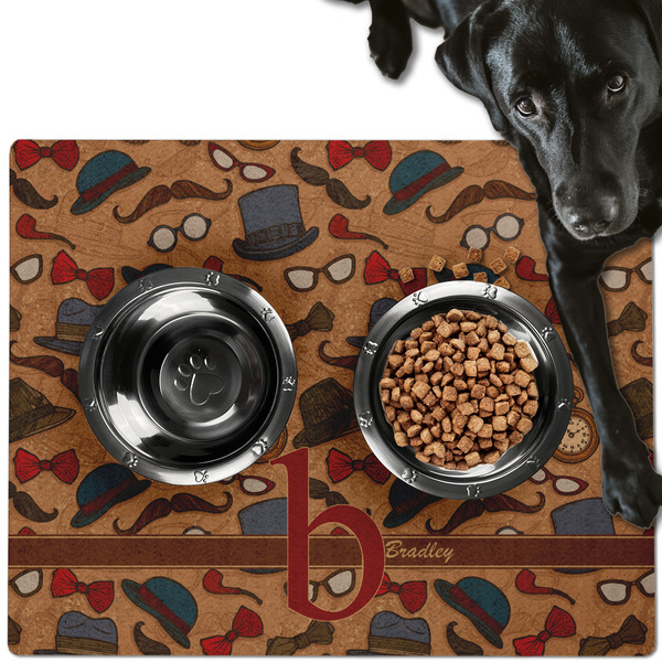 Custom Vintage Hipster Dog Food Mat - Large w/ Name and Initial