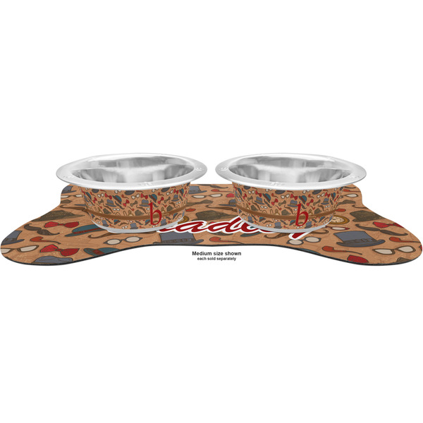 Vintage Hipster Metal Pet Bowls - On Dog Bone Shaped Mat