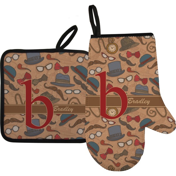 Custom Vintage Hipster Right Oven Mitt & Pot Holder Set w/ Name and Initial
