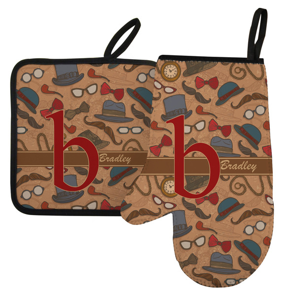Custom Vintage Hipster Left Oven Mitt & Pot Holder Set w/ Name and Initial